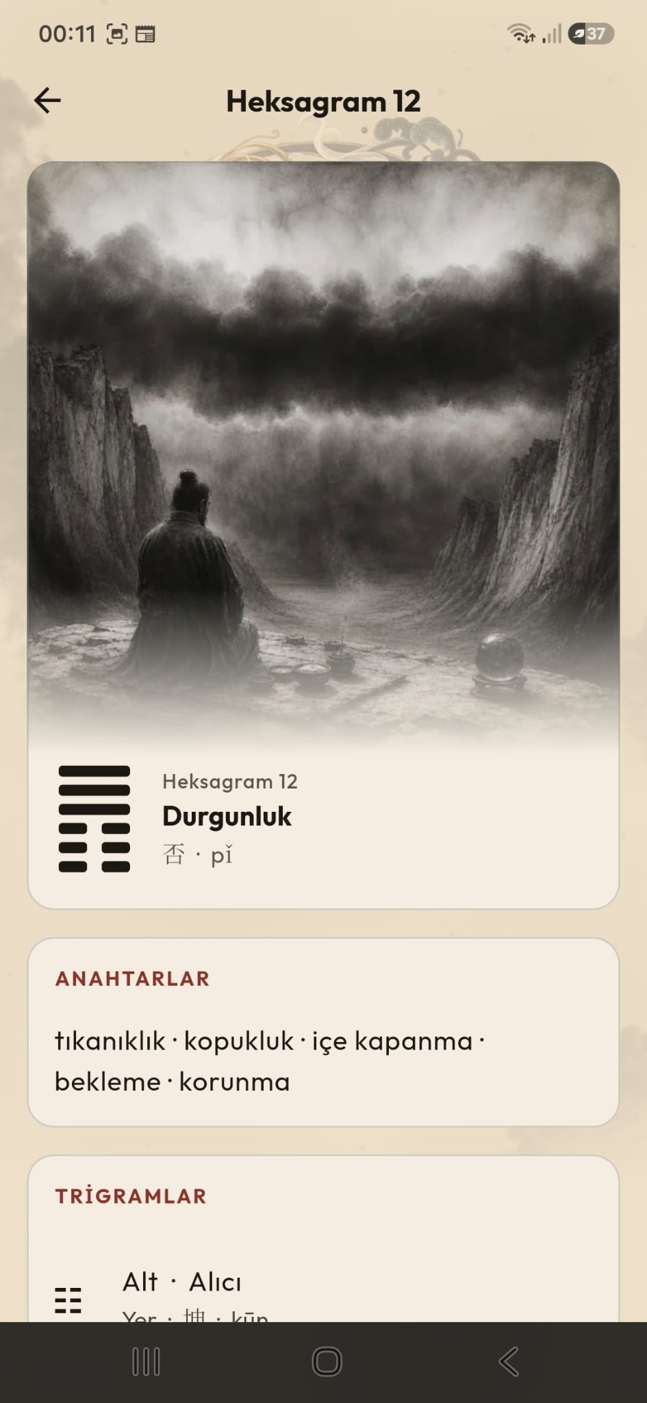 Heksagram 12 Durgunluk: levha, anahtarlar ve alt-üst trigramlar.